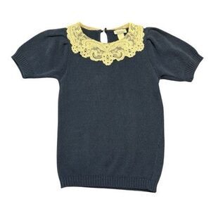 PREMIER VISION 100% Cotton Knit Short Sleeve Sweater W/ Lace Collar
